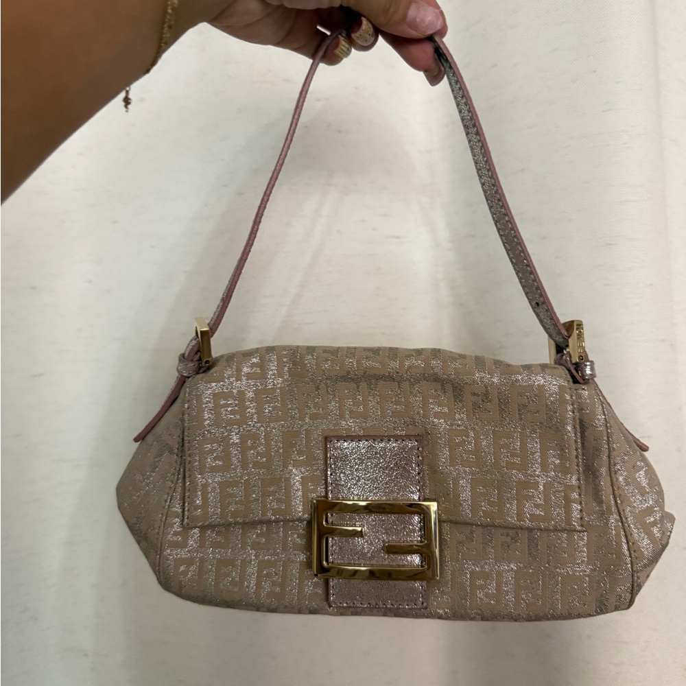 RARE FENDI Zuchinno Mini Mamma Baguette Pink Canvas Shoulder Bag